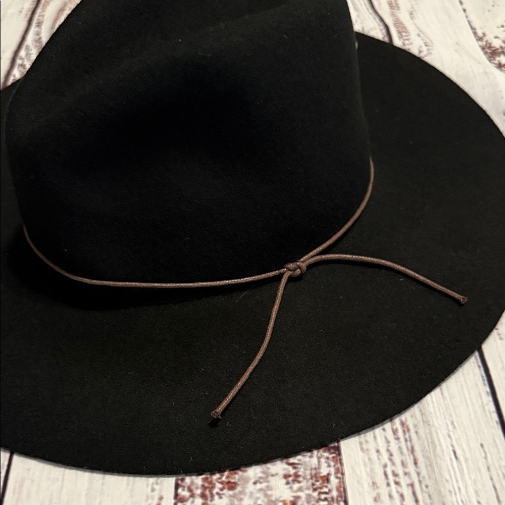 PETER GRIMM Black Wide Brim Wool Fedora Hat with Brown Leather Cord - Picture 3 of 15